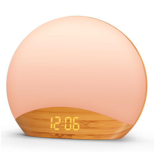 REACHER Natural Wood Grain Sound Machine Sunrise Alarm Clock，26 Nature Inspired Sleeping Sounds, 0-100% Dimmable Clock, Night Light,Brown/Pink/White Noise Sound Machine for Babys, Kids, Adults