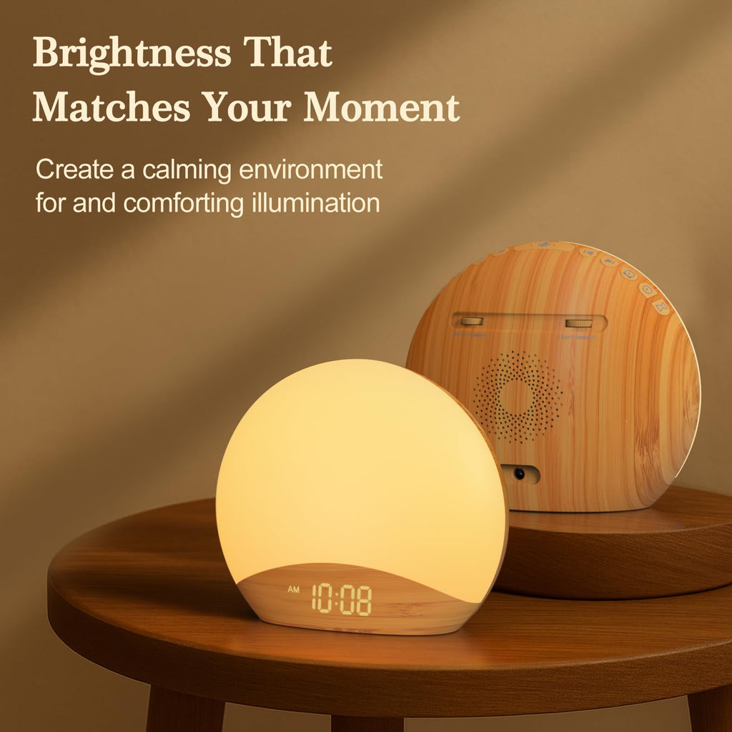REACHER Natural Wood Grain Sound Machine Sunrise Alarm Clock，26 Nature Inspired Sleeping Sounds, 0-100% Dimmable Clock, Night Light,Brown/Pink/White Noise Sound Machine for Babys, Kids, Adults