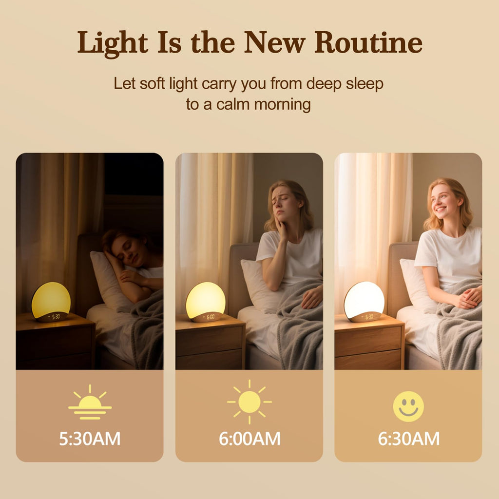 REACHER Natural Wood Grain Sound Machine Sunrise Alarm Clock，26 Nature Inspired Sleeping Sounds, 0-100% Dimmable Clock, Night Light,Brown/Pink/White Noise Sound Machine for Babys, Kids, Adults