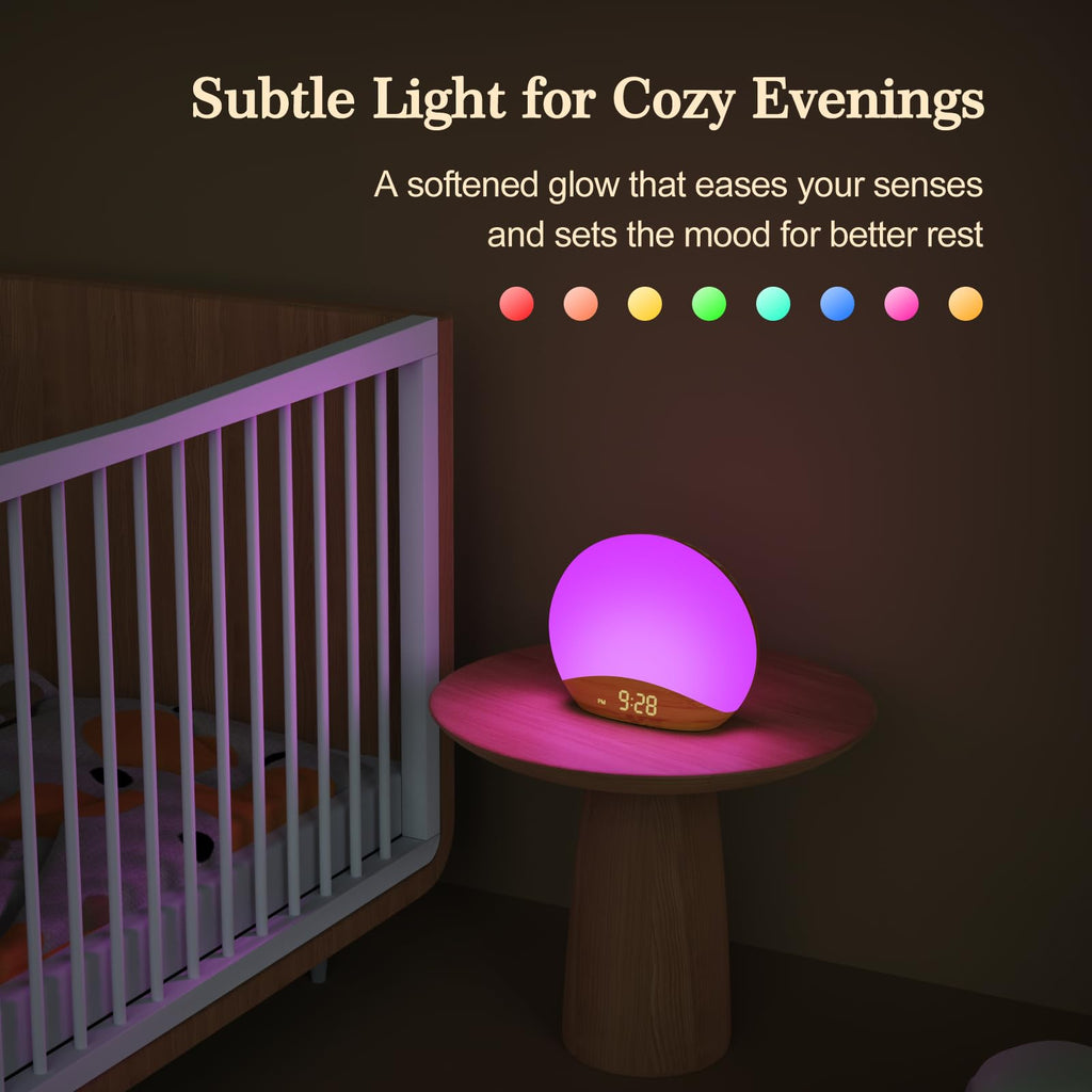 REACHER Natural Wood Grain Sound Machine Sunrise Alarm Clock，26 Nature Inspired Sleeping Sounds, 0-100% Dimmable Clock, Night Light,Brown/Pink/White Noise Sound Machine for Babys, Kids, Adults