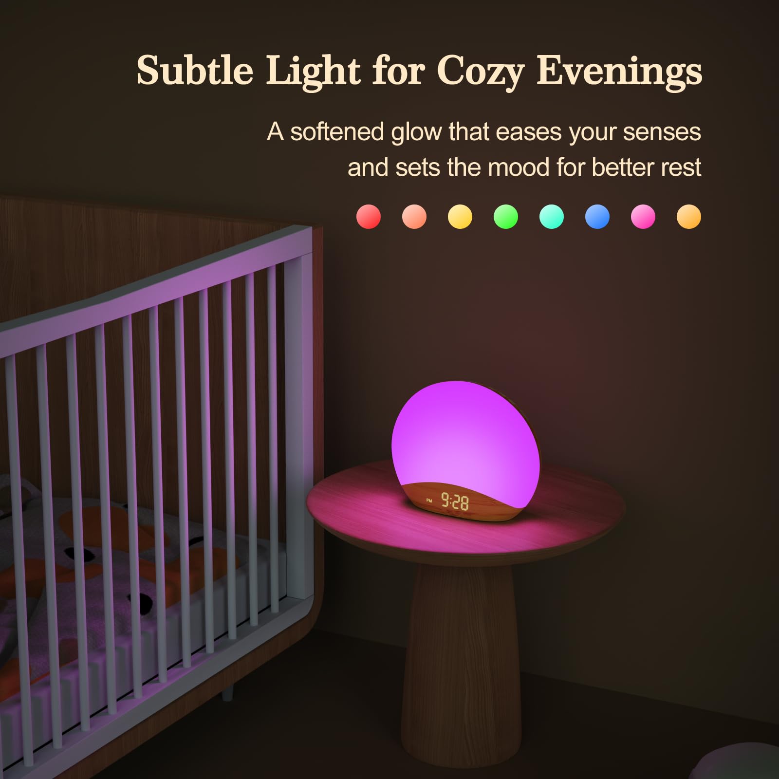 REACHER Natural Wood Grain Sound Machine Sunrise Alarm Clock，26 Nature Inspired Sleeping Sounds, 0-100% Dimmable Clock, Night Light,Brown/Pink/White Noise Sound Machine for Babys, Kids, Adults