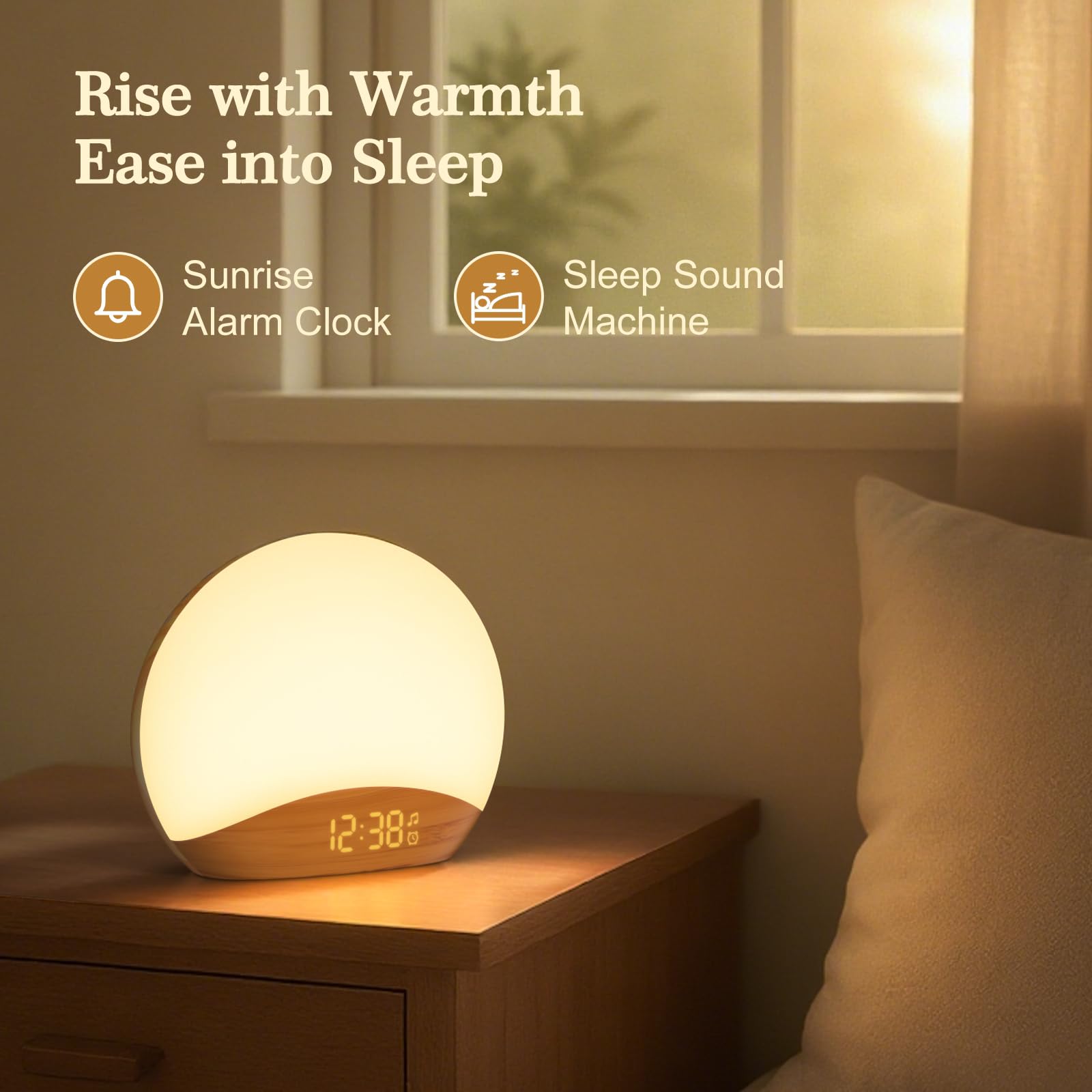 REACHER Natural Wood Grain Sound Machine Sunrise Alarm Clock，26 Nature Inspired Sleeping Sounds, 0-100% Dimmable Clock, Night Light,Brown/Pink/White Noise Sound Machine for Babys, Kids, Adults
