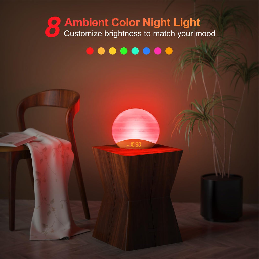 REACHER Natural Wood Grain Sound Machine Sunrise Alarm Clock，26 Nature Inspired Sleeping Sounds, 0-100% Dimmable Clock, Night Light,Brown/Pink/White Noise Sound Machine for Babys, Kids, Adults