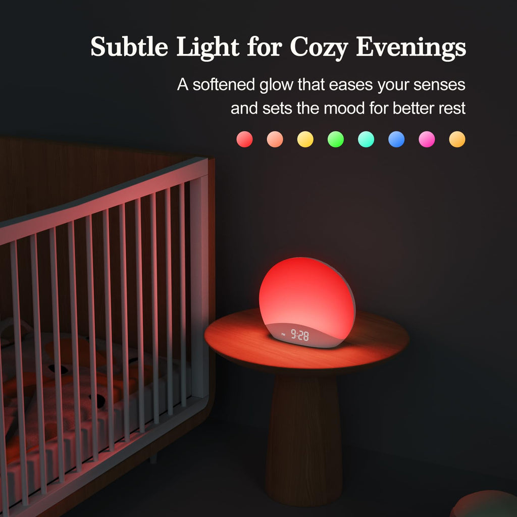 REACHER Natural Wood Grain Sound Machine Sunrise Alarm Clock，26 Nature Inspired Sleeping Sounds, 0-100% Dimmable Clock, Night Light,Brown/Pink/White Noise Sound Machine for Babys, Kids, Adults