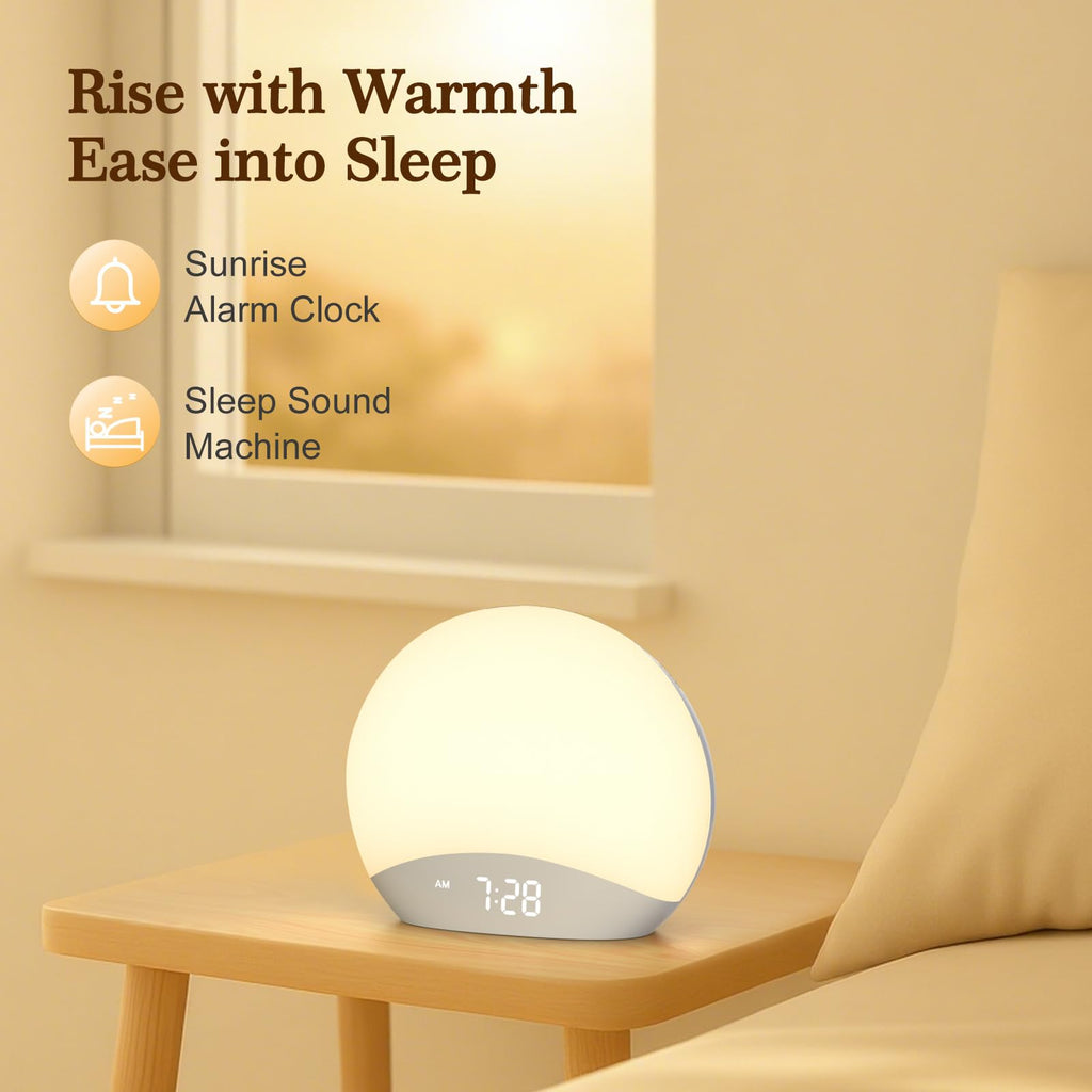 REACHER Natural Wood Grain Sound Machine Sunrise Alarm Clock，26 Nature Inspired Sleeping Sounds, 0-100% Dimmable Clock, Night Light,Brown/Pink/White Noise Sound Machine for Babys, Kids, Adults