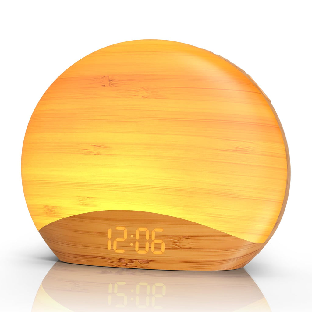 REACHER Natural Wood Grain Sound Machine Sunrise Alarm Clock，26 Nature Inspired Sleeping Sounds, 0-100% Dimmable Clock, Night Light,Brown/Pink/White Noise Sound Machine for Babys, Kids, Adults