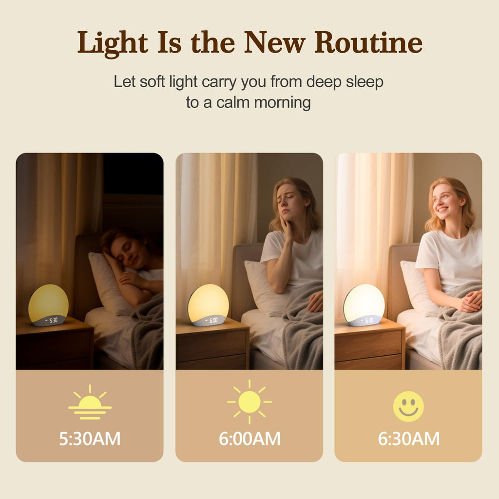 REACHER Natural Wood Grain Sound Machine Sunrise Alarm Clock，26 Nature Inspired Sleeping Sounds, 0-100% Dimmable Clock, Night Light,Brown/Pink/White Noise Sound Machine for Babys, Kids, Adults