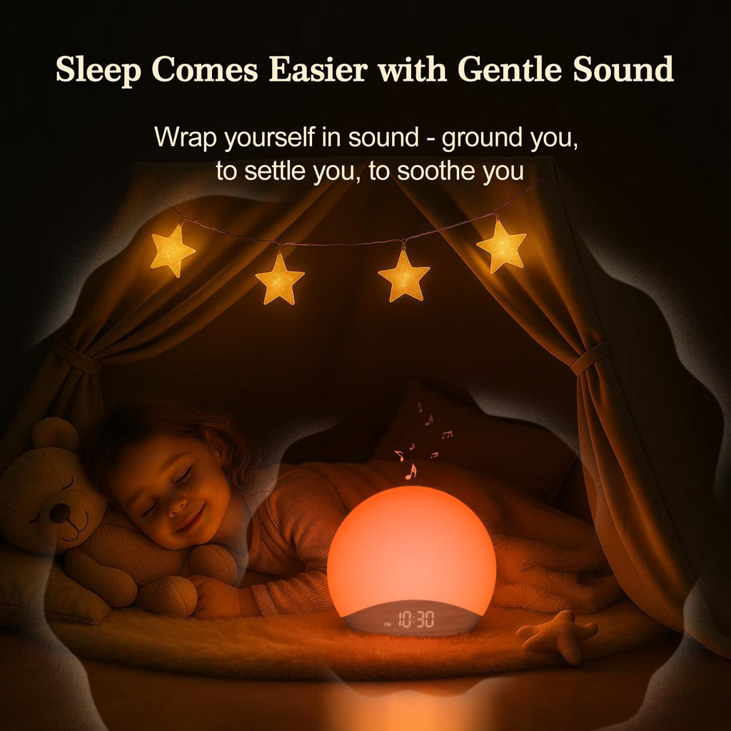 REACHER Natural Wood Grain Sound Machine Sunrise Alarm Clock，26 Nature Inspired Sleeping Sounds, 0-100% Dimmable Clock, Night Light,Brown/Pink/White Noise Sound Machine for Babys, Kids, Adults