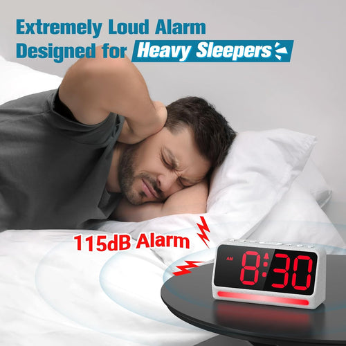 REACHER Extra Loud Alarm Clock for Heavy Sleepers Adults, 5 Extremely Loud Wake Up Sounds, Kids Alarm Clock for Teens, Boys, Bedrooms, LED Digital Display, 7 Color Night Light, Dimmer, Bedside