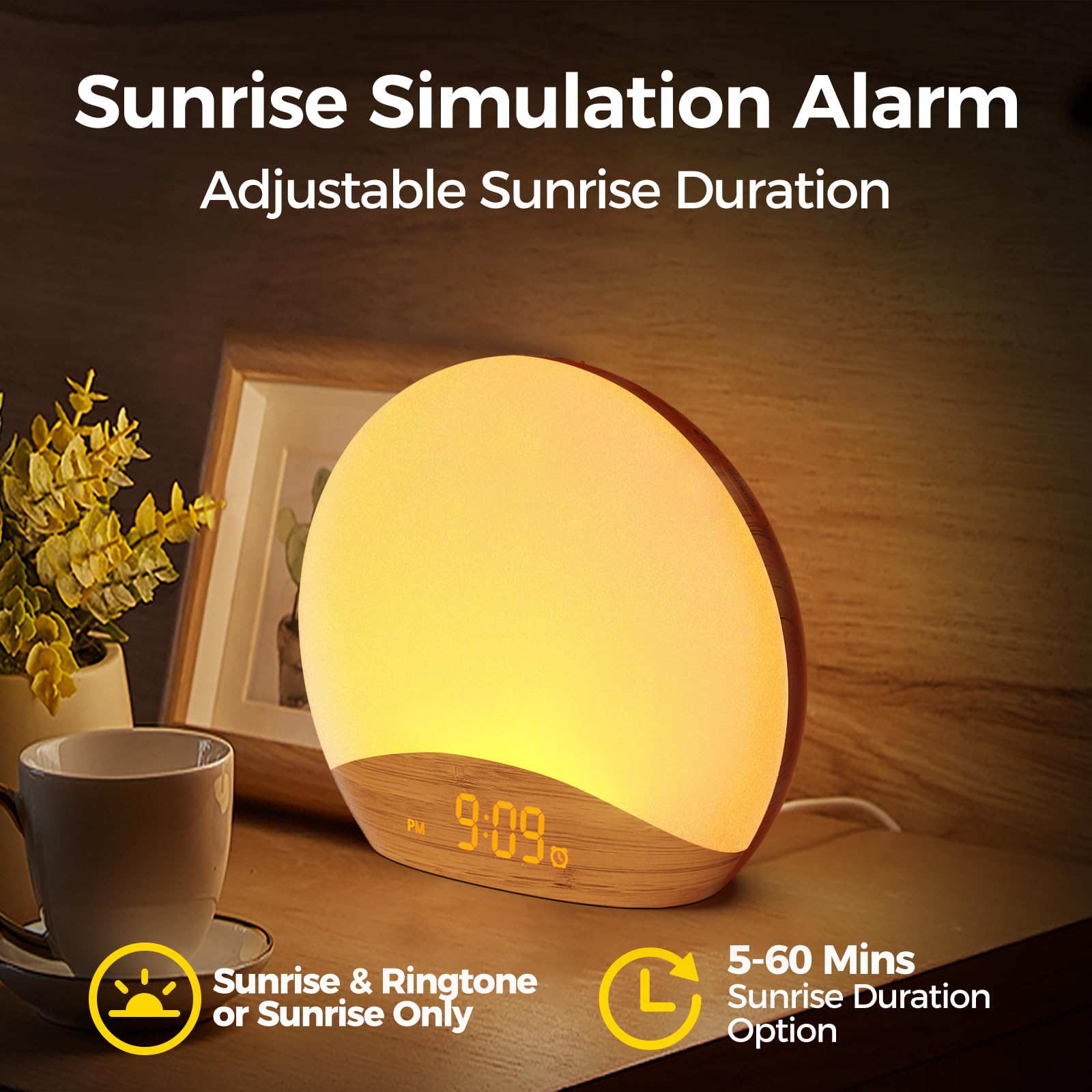REACHER Natural Wood Grain Sound Machine Sunrise Alarm Clock，26 Nature Inspired Sleeping Sounds, 0-100% Dimmable Clock, Night Light,Brown/Pink/White Noise Sound Machine for Babys, Kids, Adults