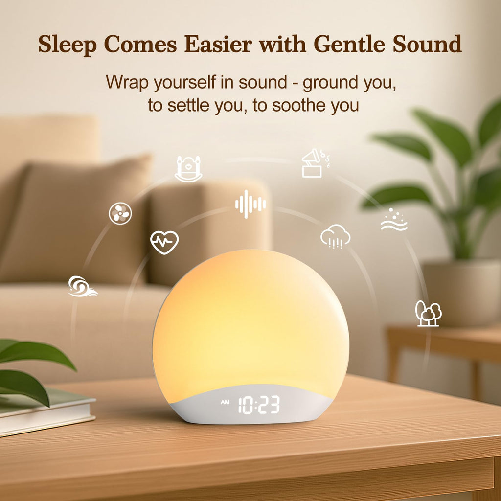 REACHER Natural Wood Grain Sound Machine Sunrise Alarm Clock，26 Nature Inspired Sleeping Sounds, 0-100% Dimmable Clock, Night Light,Brown/Pink/White Noise Sound Machine for Babys, Kids, Adults